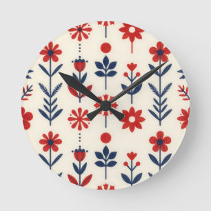 Relógio Redondo Padrão Floral Folclórico Vermelho e Azul Marinho
