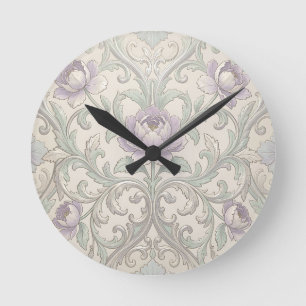 Relógio Redondo Padrão Floral Ornate Peônia Lavanda Rolo de Prata