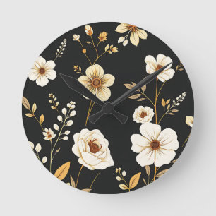 Relógio Redondo Padrão Floral Preto Dourado Creme