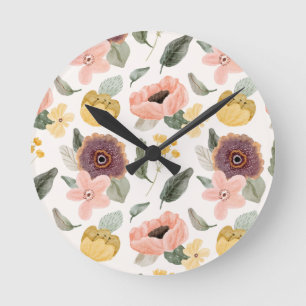 Relógio Redondo Padrão Floral Seamless em Aquarela Pastel Suave