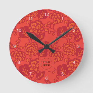 Relógio Redondo Padrão Floral Vermelho e Laranja Vibrante e Negrit