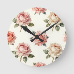 Relógio Redondo Padrão Floral Vintage Rosa Rosa-Claro