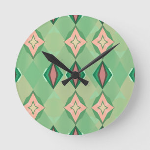 Relógio Redondo Padrão Geométrico Retro Verde Rosa Diamante Estrel