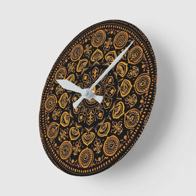 Relógio Redondo Padrão Intricional de Warli Mandala Tradicional (Ângulo)