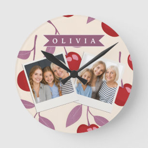 Relógio Redondo Padrão Personalizado de Cereja Doce Fofo Retro Fem