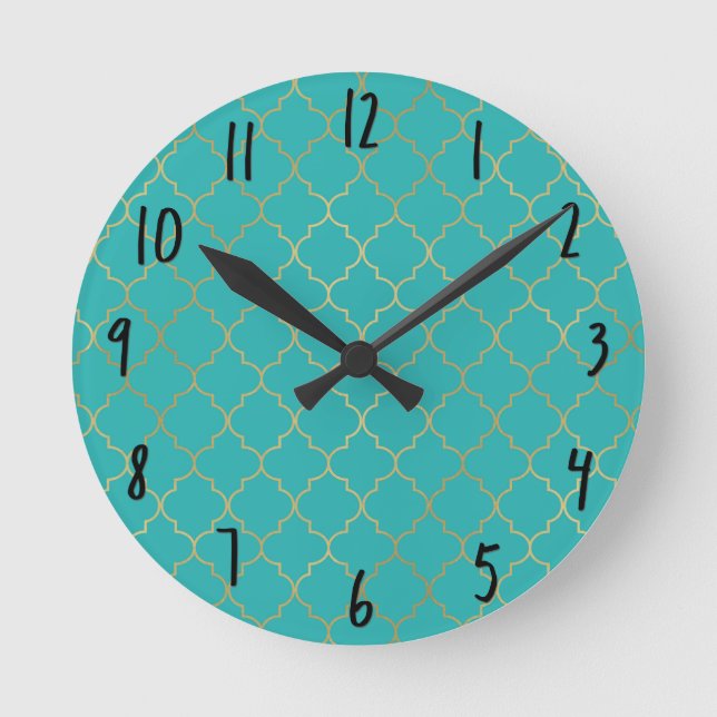 Relógio Redondo Padrão Quatrefoil Azul e Dourado (Frente)