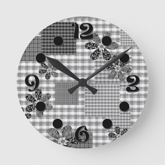 Relógio Redondo Padrão rústico xadrez preto e branco retrô (Frente)