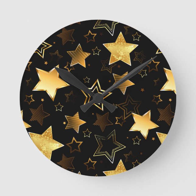 Relógio Redondo Padrão sem costura com estrelas de Ouro (Frente)