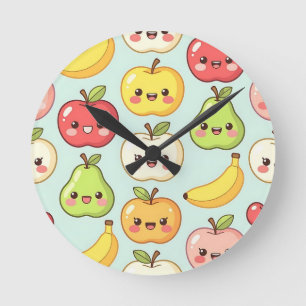 Relógio Redondo Padrão Sem Costura de Frutas Kawaii Desenho Animad