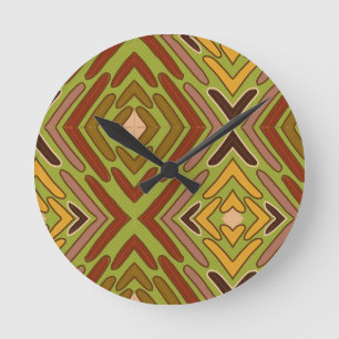 Relógio Redondo Padrão Tribal Étnico Vermelho Verde Dourado