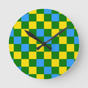 Relógio Redondo Padrão Xadrez Azul Amarelo Verde Design 