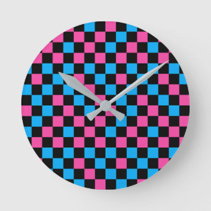 Relógio Redondo Padrão Xadrez Azul Rosa e Preto