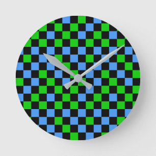 Relógio Redondo Padrão Xadrez Azul Verde e Preto