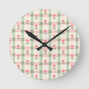 Relógio Redondo Padrão Xadrez de Tulipa Fofa   Floral Pastel 