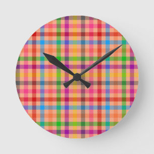 Relógio Redondo Padrão Xadrez Gingham Colorido Laranja