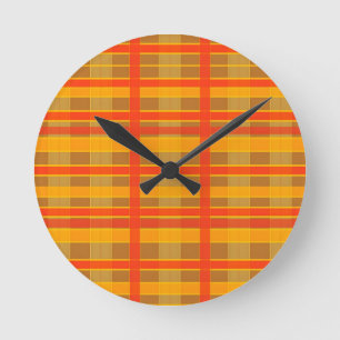 Relógio Redondo Padrão Xadrez Laranja Vermelho Retro