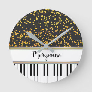 Relógio Redondo Padrões de Bolinhas Dourados de Chaves de Piano P