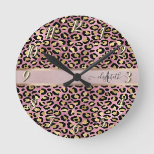 Relógio Redondo Padrões leopardo Monograma Rosa Dourado Preto