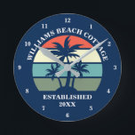 Relógio Redondo Página inicial da Ilha Palm da Casa de Palma da Pr<br><div class="desc">Um relógio bonito na parede da praia de verão que mostra belas palmeiras-ilhas em frente a um pôr do sol bonito. Uma decoração típica do litoral tropical para uma família. Personalizar com o nome ou ano.</div>
