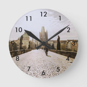 Relógio Redondo Painting of Charles bridge in Prague on sunrise
