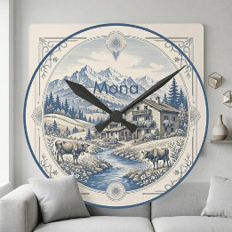 Relógio Redondo Paisagem Alpina de Montanha Azul Nevada Chalé Rúst