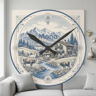 Relógio Redondo Paisagem Alpina de Montanha Azul Nevada Chalé Rúst