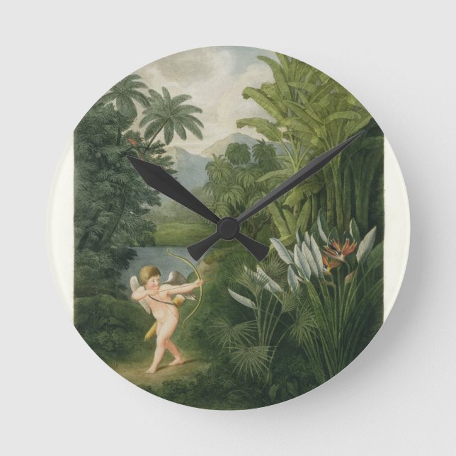 Relógio Redondo Paisagem com Cupido apontando uma seta para um pap (Frente)