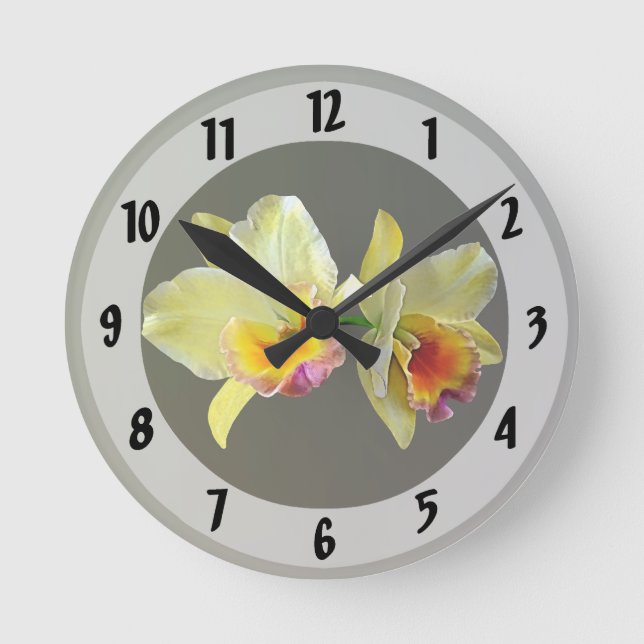 Relógio Redondo Pale Yellow Cattleya Orchids Square Wall Clock (Frente)