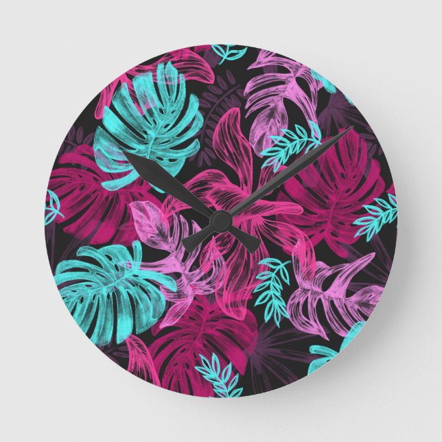 Relógio Redondo Palmeiras tropicais fluorescentes (Frente)