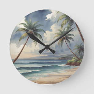 Relógio Redondo Palmeiras Viagem Havaiano Honolulu Mar Azul