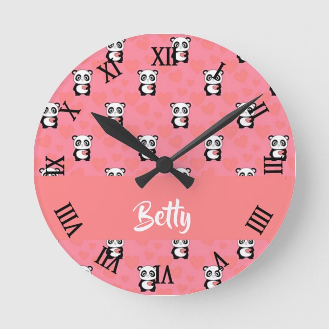 Relógio Redondo Panda ama um padrão rosa (Frente)