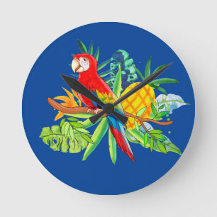 Relógio Redondo papagaio com planta tropical bandana