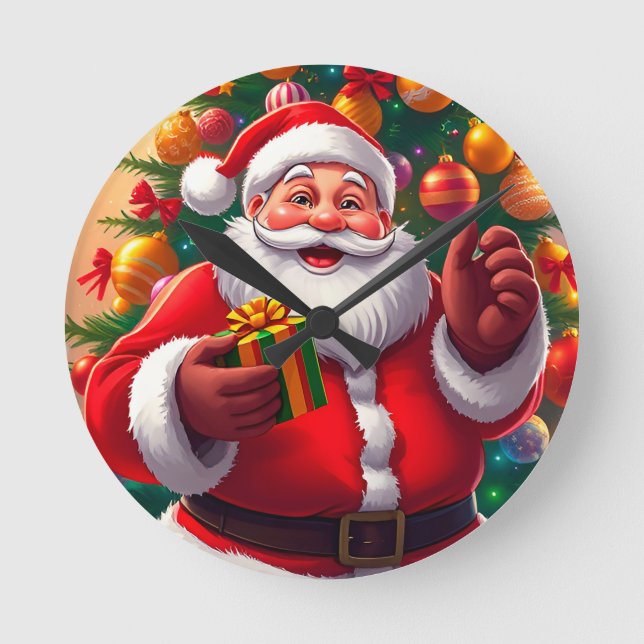 Relógio Redondo Papai Noel com Árvore de Natal e Presentes (Frente)
