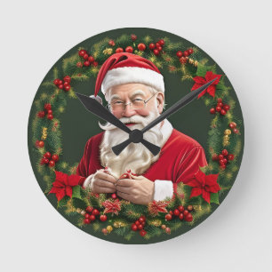 Relógio Redondo Papai Noel em uma Grinalda Festiva