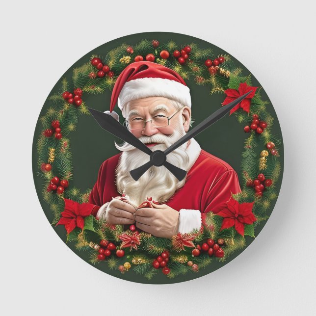 Relógio Redondo Papai Noel em uma Grinalda Festiva (Frente)
