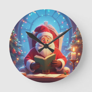 Relógio Redondo Papai Noel Lendo um Livro à Luz de Vela