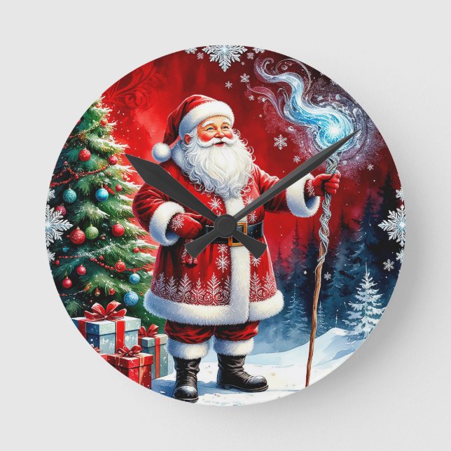 Relógio Redondo Papai Noel segurando cajado mágico (Frente)