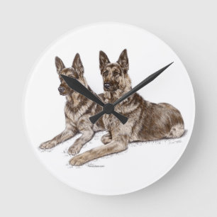 Relógio Redondo Par de Cães German shepherd