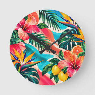 Relógio Redondo Paraíso Botânico de Hibisco Tropical Arte