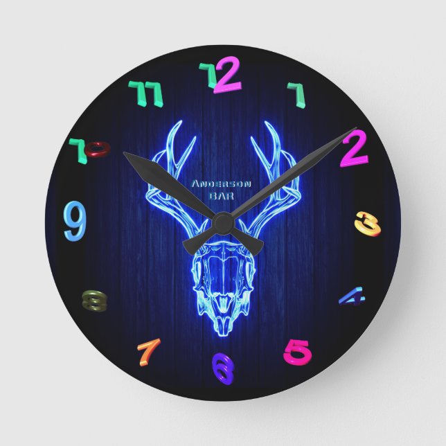 Relógio Redondo Parede Personalizada do Estilo de Luz Neon SKULL B (Frente)