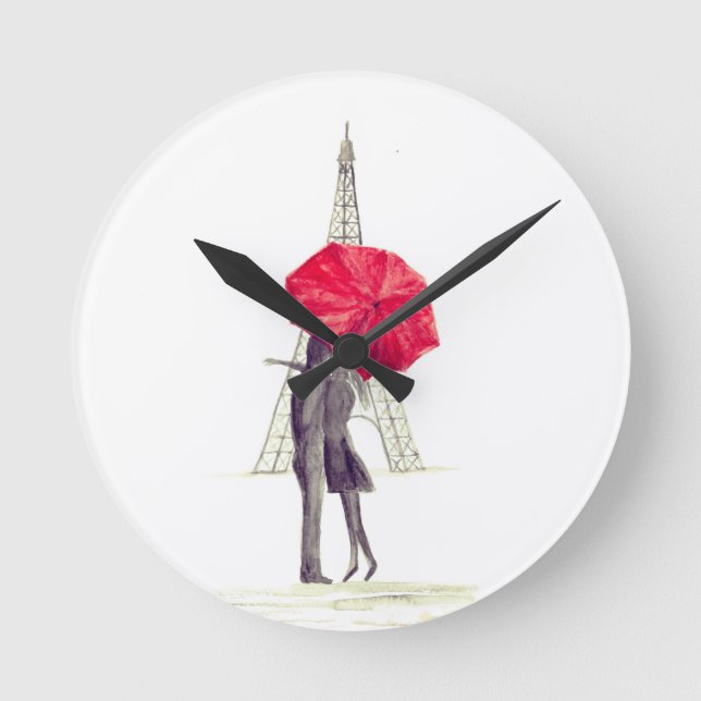 Relógio Redondo Paris ama casal Red umbrella Aniversário de casame (Frente)