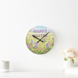 Relógio Redondo Páscoa Lavanda Coelhinho Branco Floral Primavera 