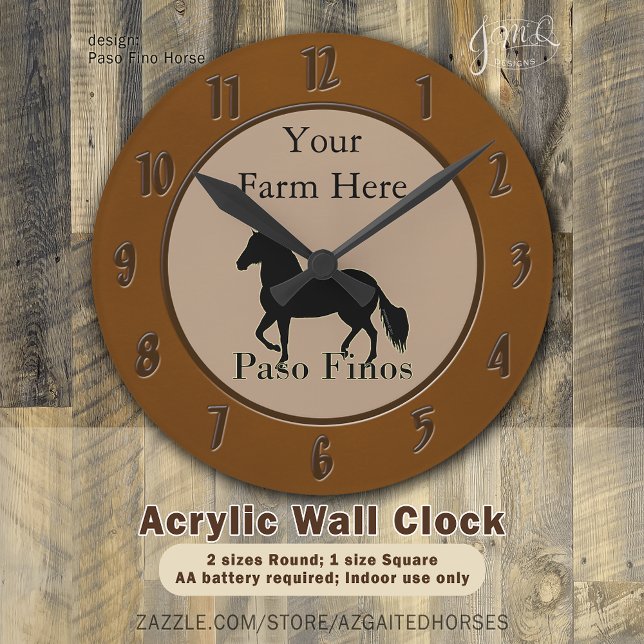 Relógio Redondo Paso Finos - personalize-o (Rustic Paso Fino horse silhouette wall clock with custom farm name 🐎)