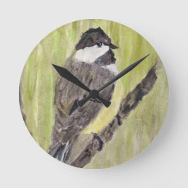 Relógio Redondo Pássaro Chickadee de casaco preto - pintura acríli