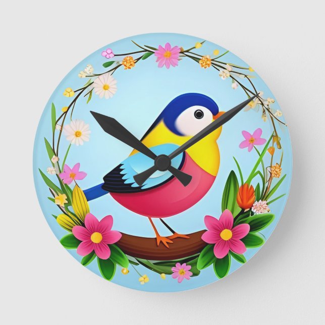 Relógio Redondo Pássaro Colorido Cercado por Flower Wreath (Frente)