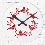 Relógio Redondo Pássaro Festivo e Flor Scandi Wreath<br><div class="desc">Um pássaro e uma coroa de flores escandinavos modernos. Vermelho em branco.</div>