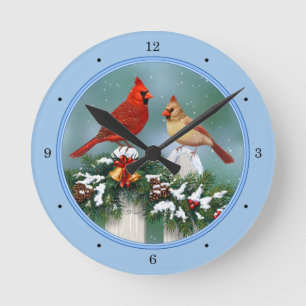 Relógio Redondo Pássaros Cardinals de Feriado e Grinalda de Natal