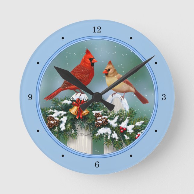 Relógio Redondo Pássaros Cardinals de Feriado e Grinalda de Natal (Frente)