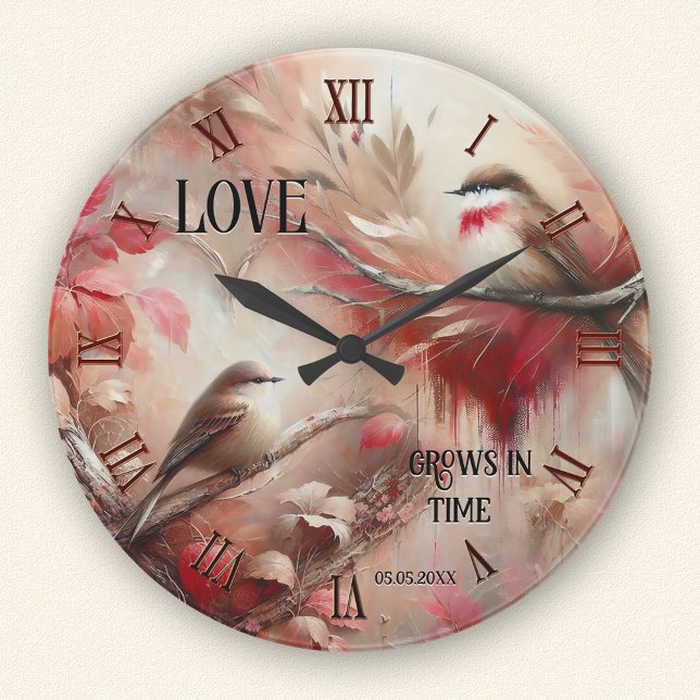 Relógio Redondo Pássaros do Amor Caprichosos Românticos (Wall clock featuring a whimsical painting of two cute birds - with classic elegant Roman numerals)