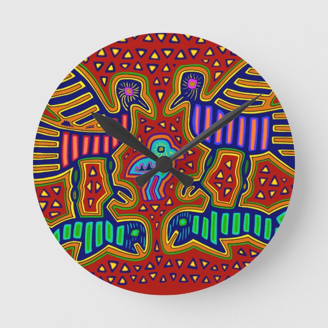 Relógio Redondo Pássaros Kuna Indian com Peixe (Frente)